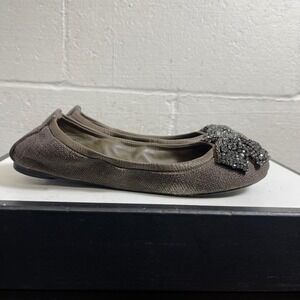 Tory Burch Eddie Brown Leather Crystal Bow Ballet Flat Shoes Women's 6.5 M‎